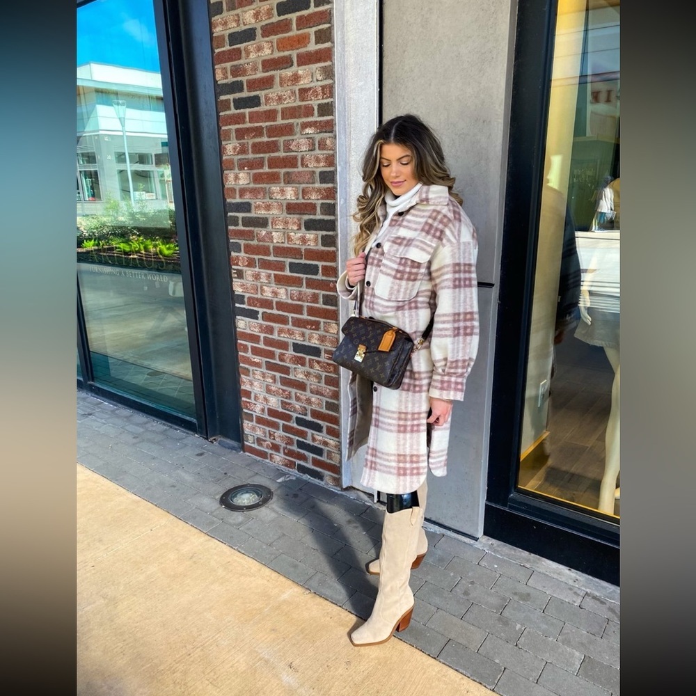 H&M Cream and Brown Plaid Long Shacket Coat